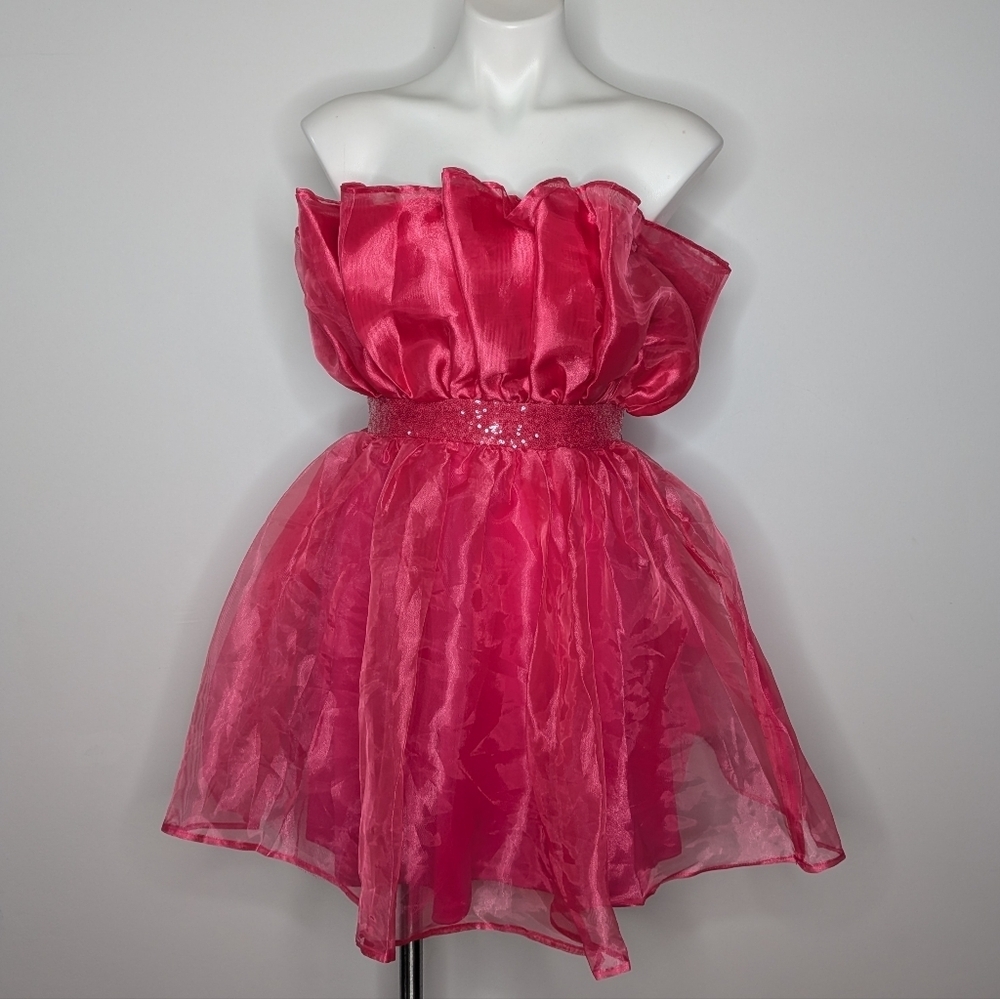 Lulu's Hot Pink Strapless Organza Mini Dress